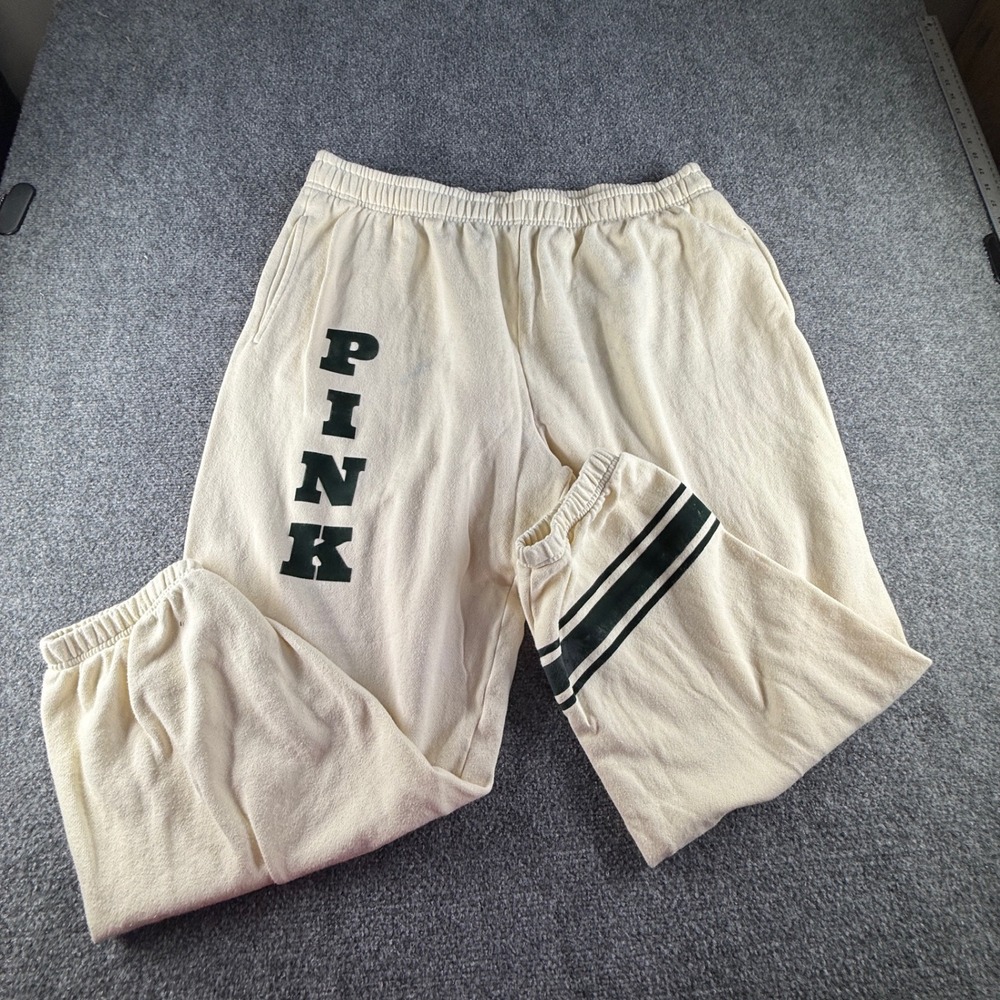 PINK Victoria's Secret XXL Cream Fleece Jogger Sweatpants Logo Graphic Striped